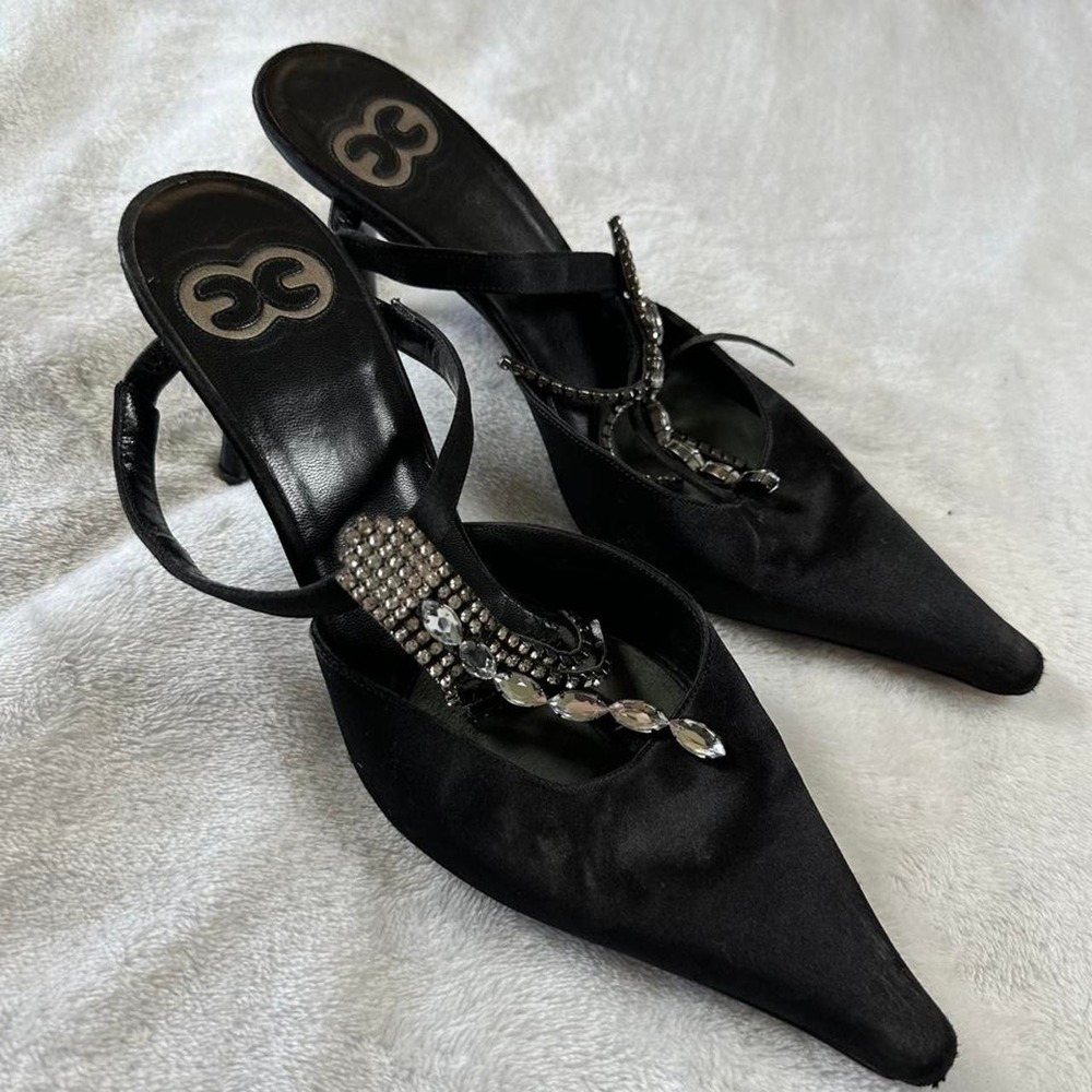 Escada black satin evening mules kitten heel pointed toe rhinestone y2k designer - Picture 2 of 5